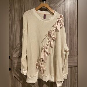 Adore Me Cream (Sparkle) Knit Top with Pale Pink Ribbon Accents - Size 2X